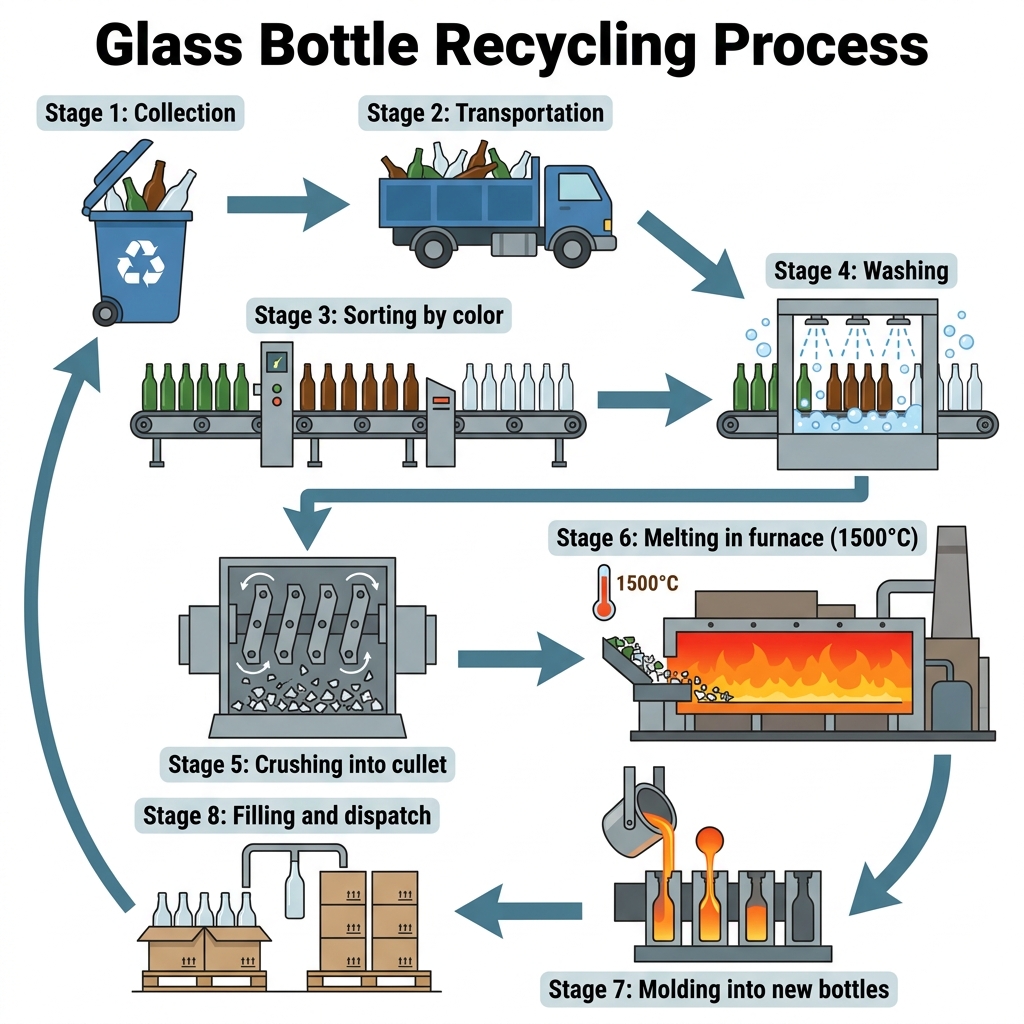 A diagram showing the 7-step process of recycling glass bottles, from collection to delivery.