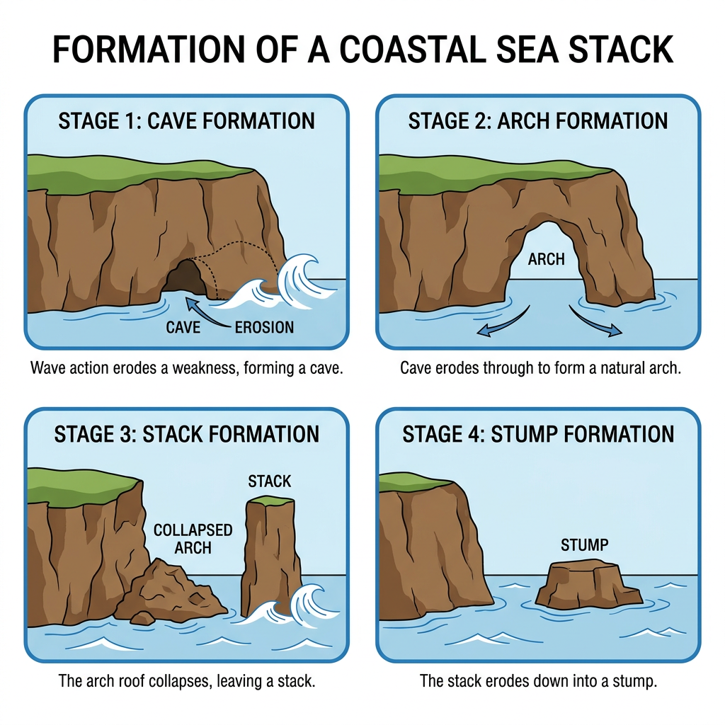 Diagram showing the 4 stages of coastal erosion forming a sea stack.