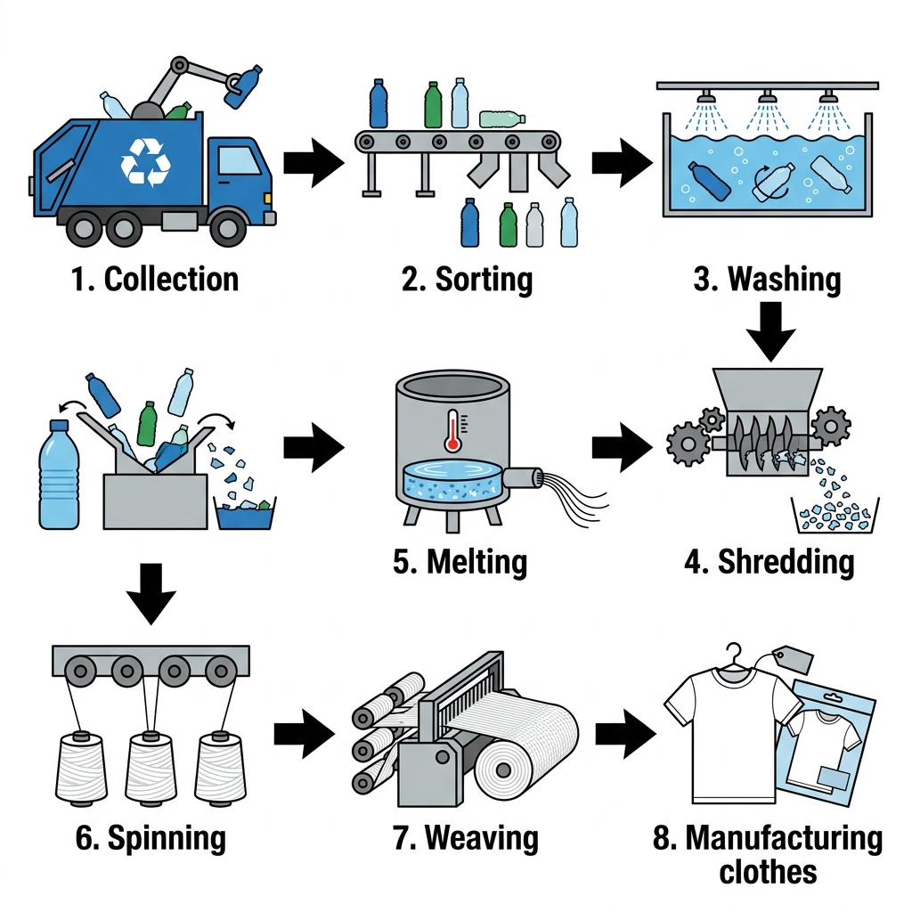 Diagram showing the eight stages of recycling plastic bottles into clothing.