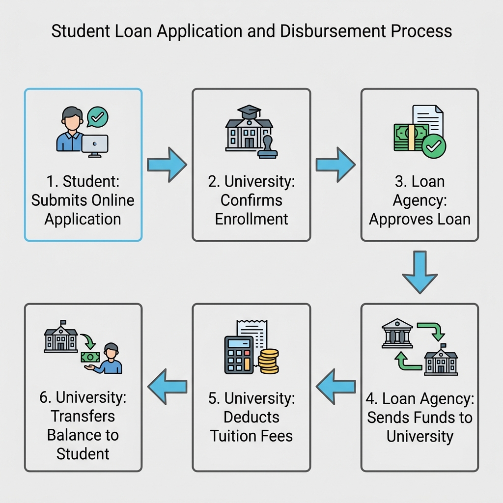 A process diagram illustrating the steps for a student loan application and disbursement.