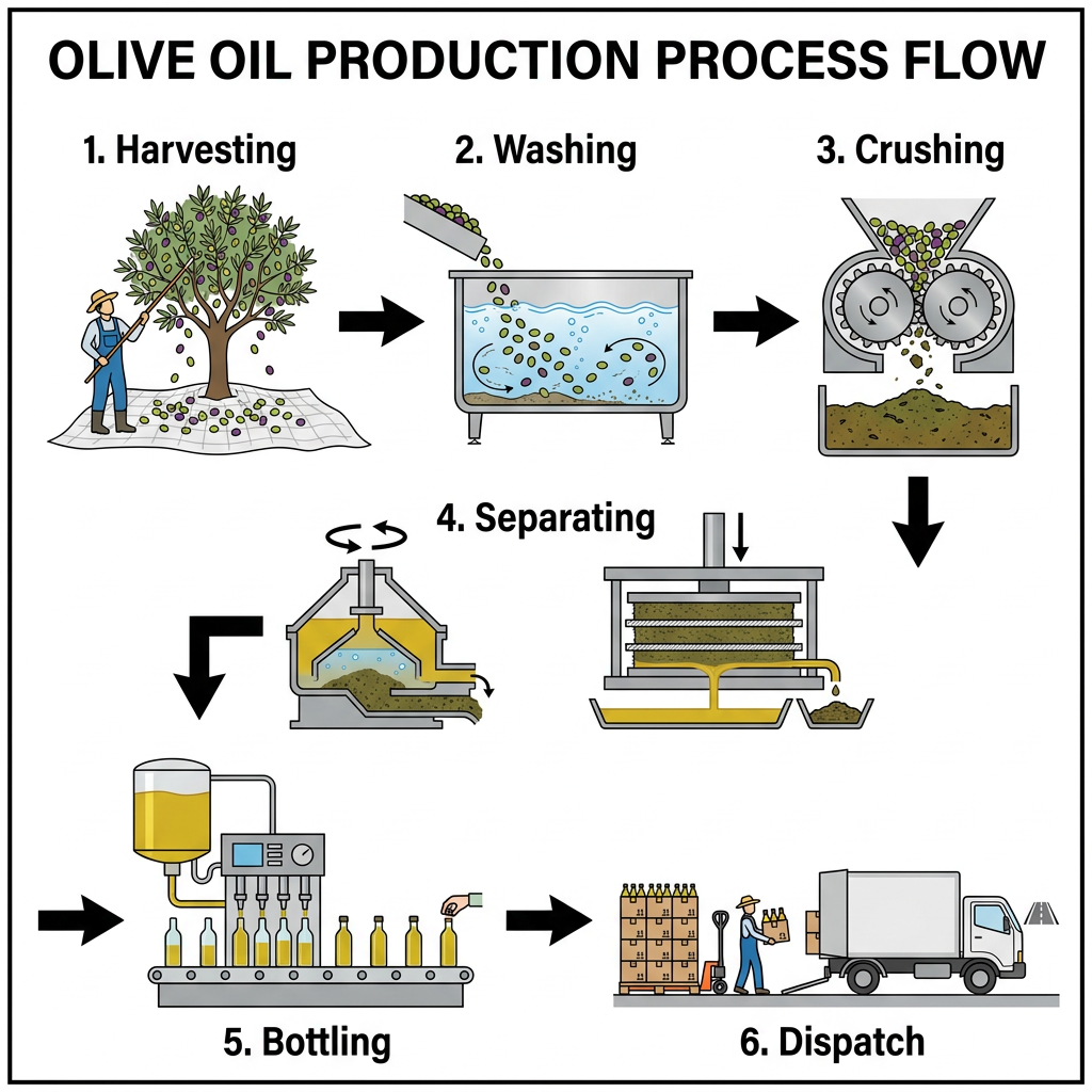 Process diagram showing the six stages of olive oil production, from harvesting olives to packaging and distributing the final product.