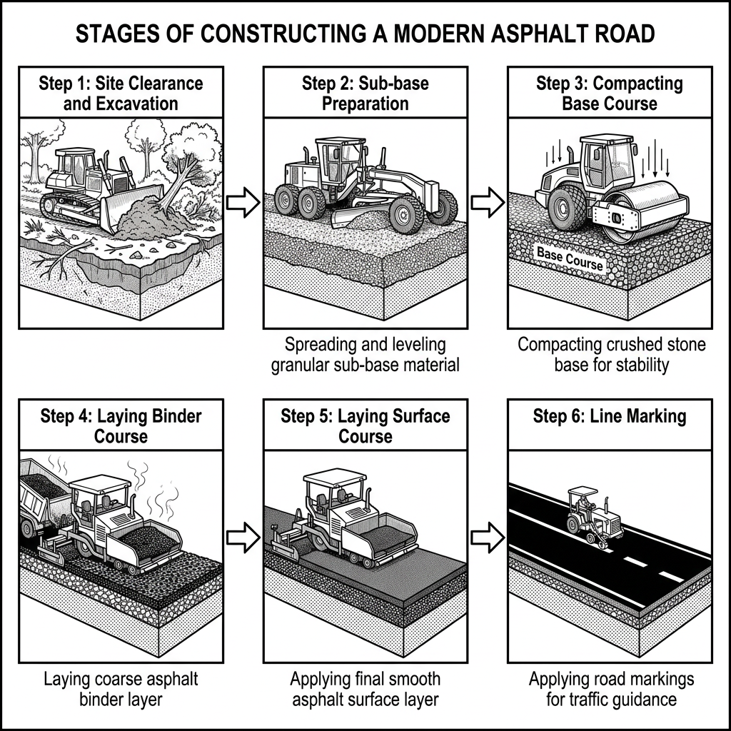 A process diagram showing the six sequential steps of constructing an asphalt road, from site clearance to final striping.