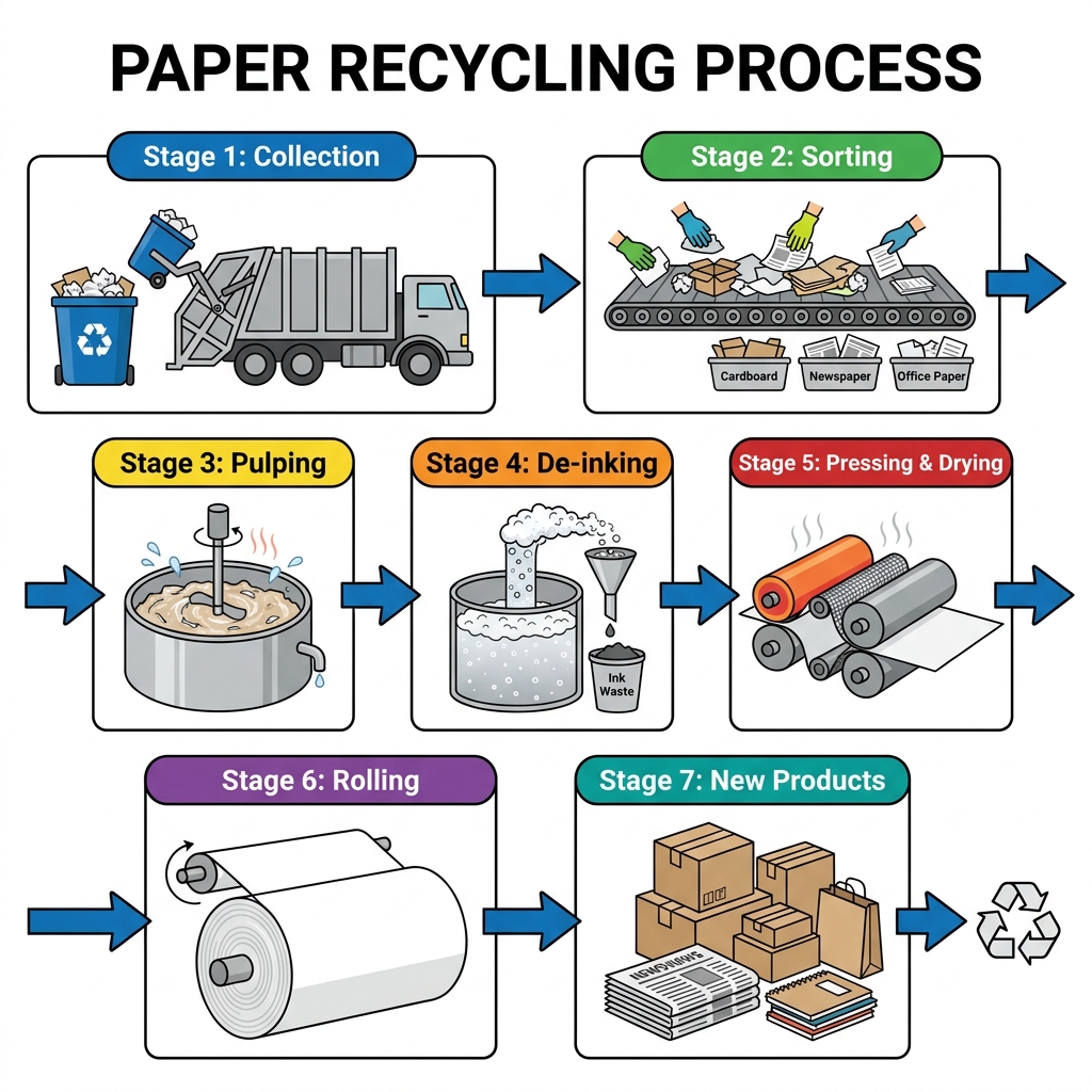 A process diagram illustrating the stages of paper recycling