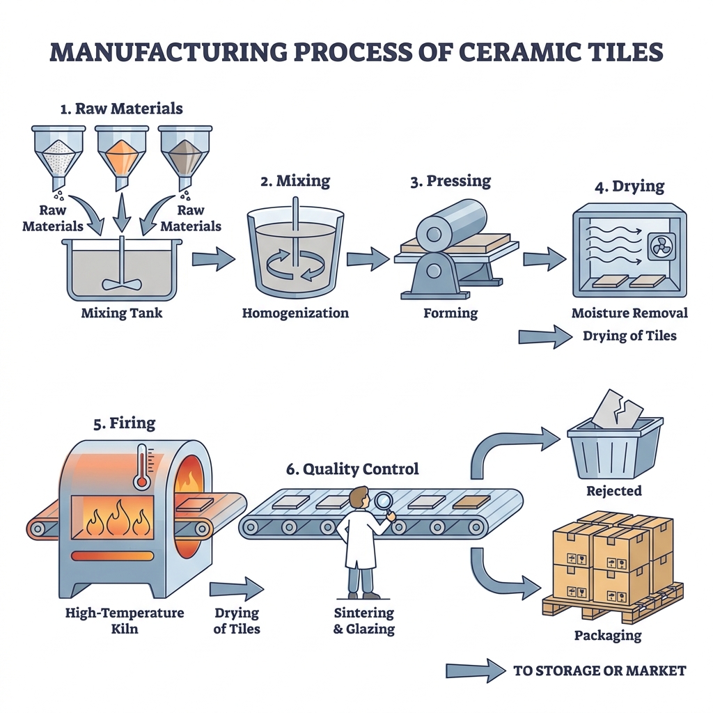 A flowchart showing the manufacturing process of ceramic tiles.