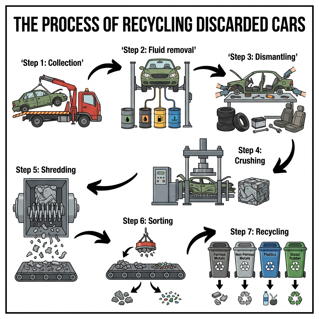 A process diagram showing the seven stages of recycling a discarded car, from collection to melting into new metal blocks.