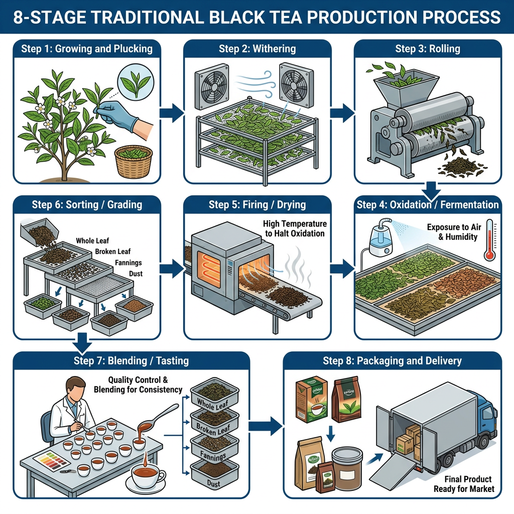 A process diagram showing the 8 stages of manufacturing traditional black tea.