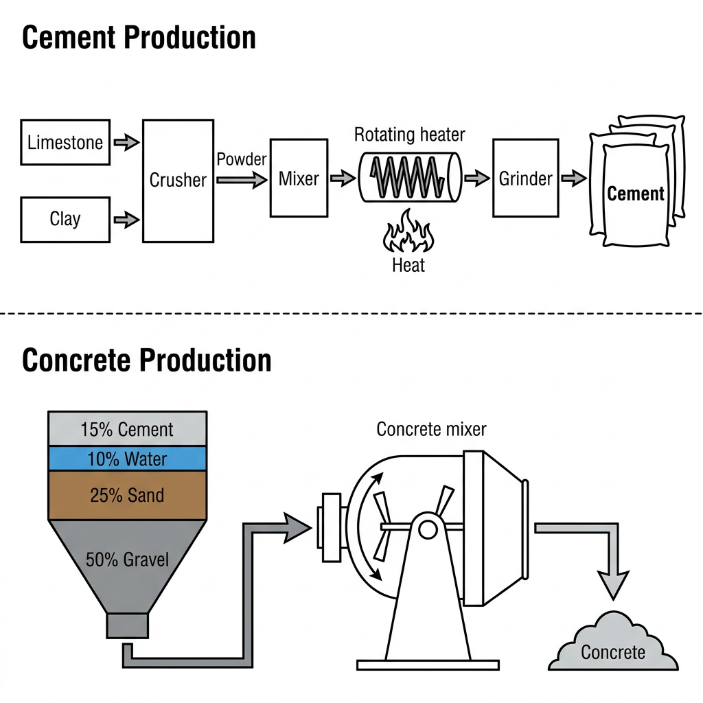 A two-part diagram showing the stages of cement production and the ingredients used in concrete mixing.
