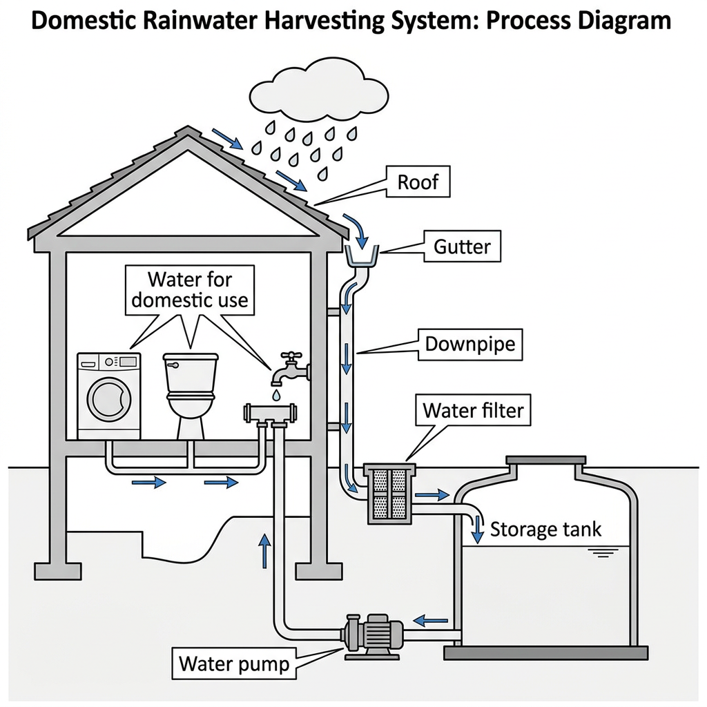 A diagram illustrating the process of a domestic rainwater harvesting system.