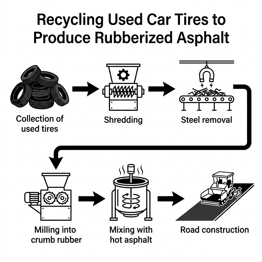 A process diagram showing the 8 steps of recycling used car tires into rubberized asphalt for roads.
