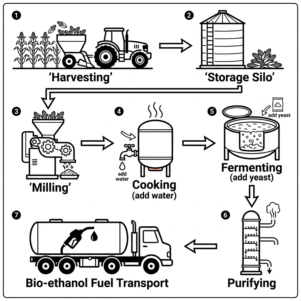 Diagram showing the steps to produce bio-ethanol fuel from corn.