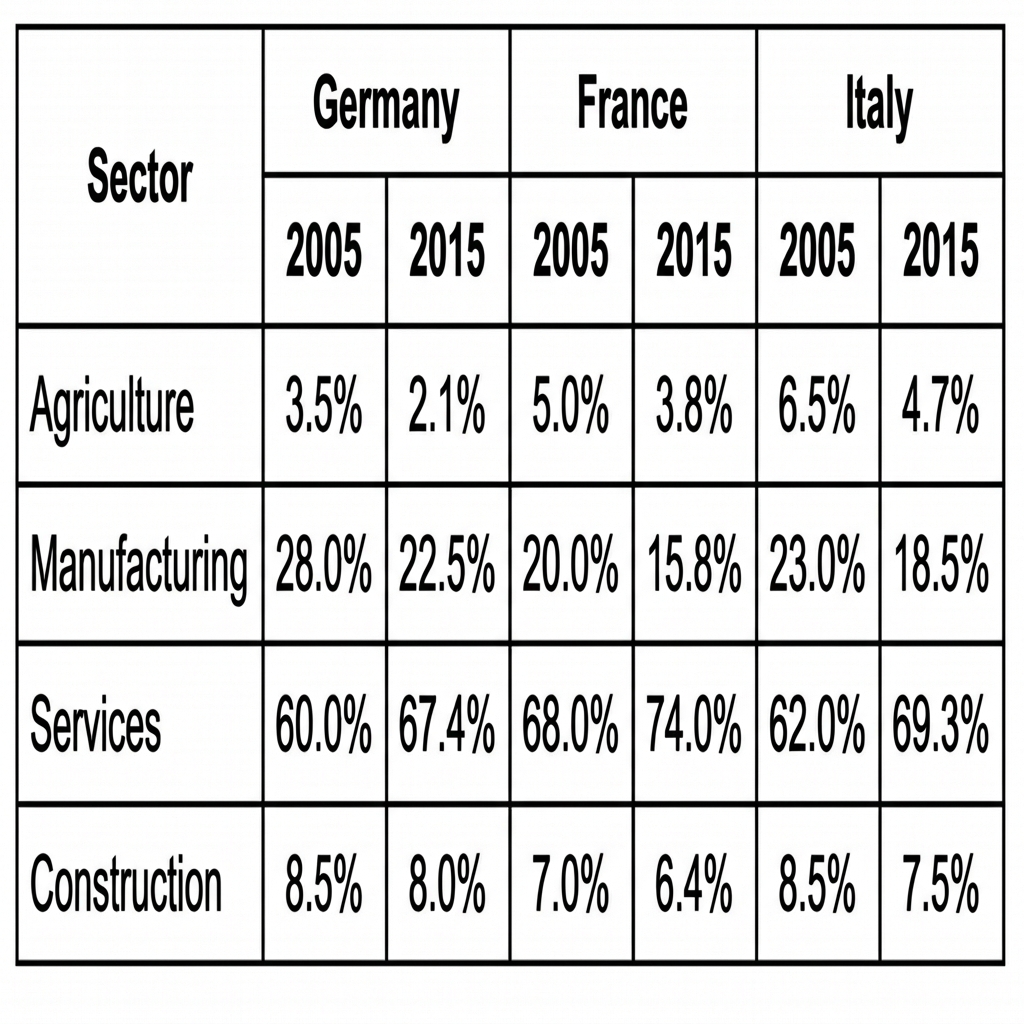 A table showing the percentage of national budget allocated to five public sectors in Germany, France, and Italy in 2005 and 2015.
