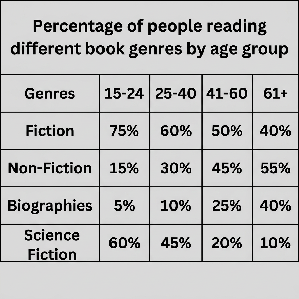 A data table displaying the percentage of adults reading four book genres (Fiction, Biographies, History, and Science) across three distinct age groups (18-35, 36-55, and 56+) in a European country during the year 2021.