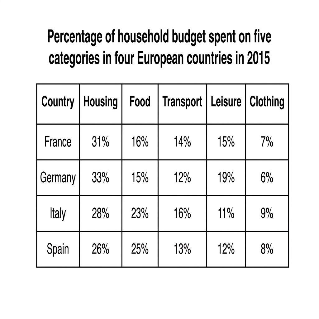 Table showing percentage of household budget spent on five categories in four European countries in 2015