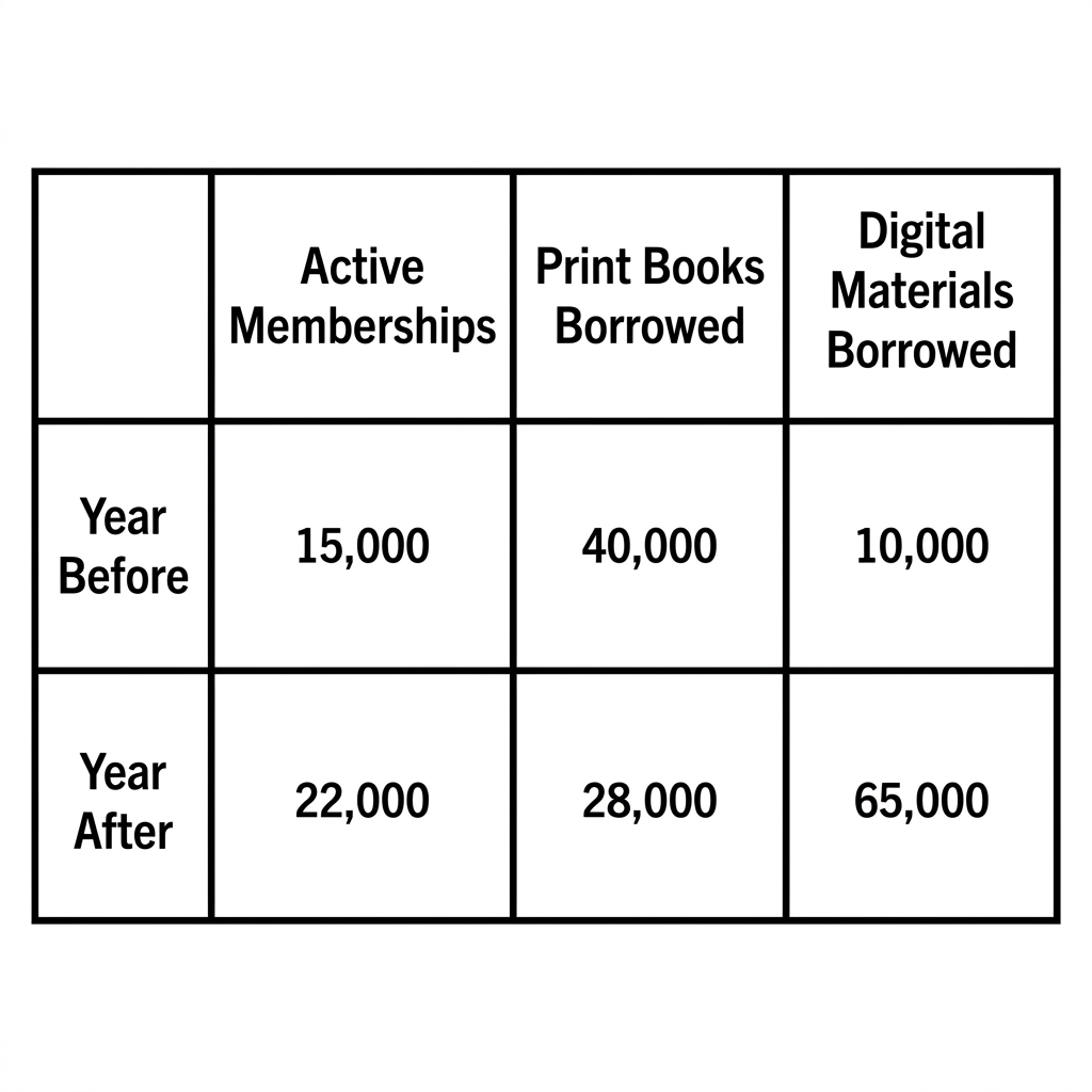 Table showing library memberships and borrowing volumes before and after a digital platform launch.