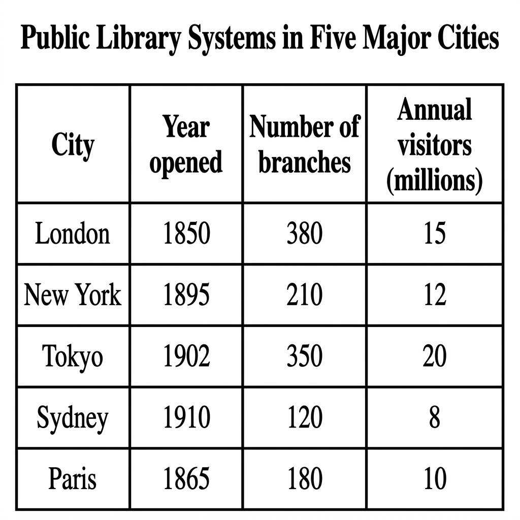 A table showing data on public library systems in five major cities.