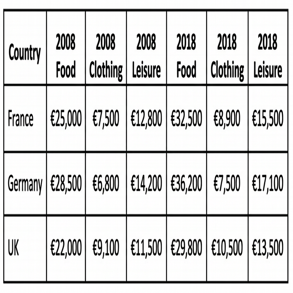 A table showing average annual household expenditure on clothing, electronics, and cosmetics in France, Germany, and Italy for the years 2008 and 2018.