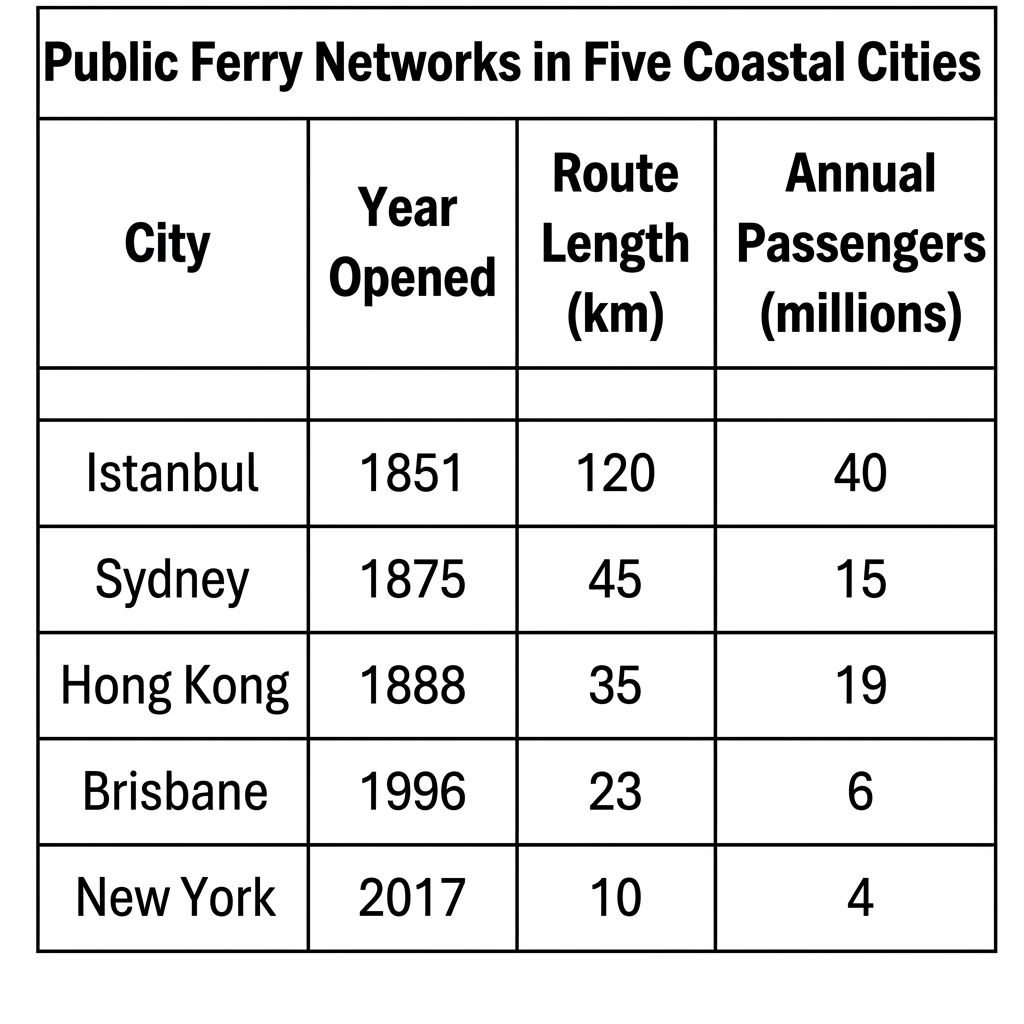 A table titled 'Public Ferry Networks in Five Cities'. The columns are: City, Year Opened, Route Length (km), and Annual Passengers (millions). The rows represent five cities. Istanbul: Opened 1851, 120 km, 40 million passengers. Sydney: Opened 1875, 45 km, 15 million passengers. Hong Kong: Opened 1888, 35 km, 19 million passengers. Brisbane: Opened 1996, 23 km, 6 million passengers. New York: Opened 2017, 100 km, 5 million passengers.