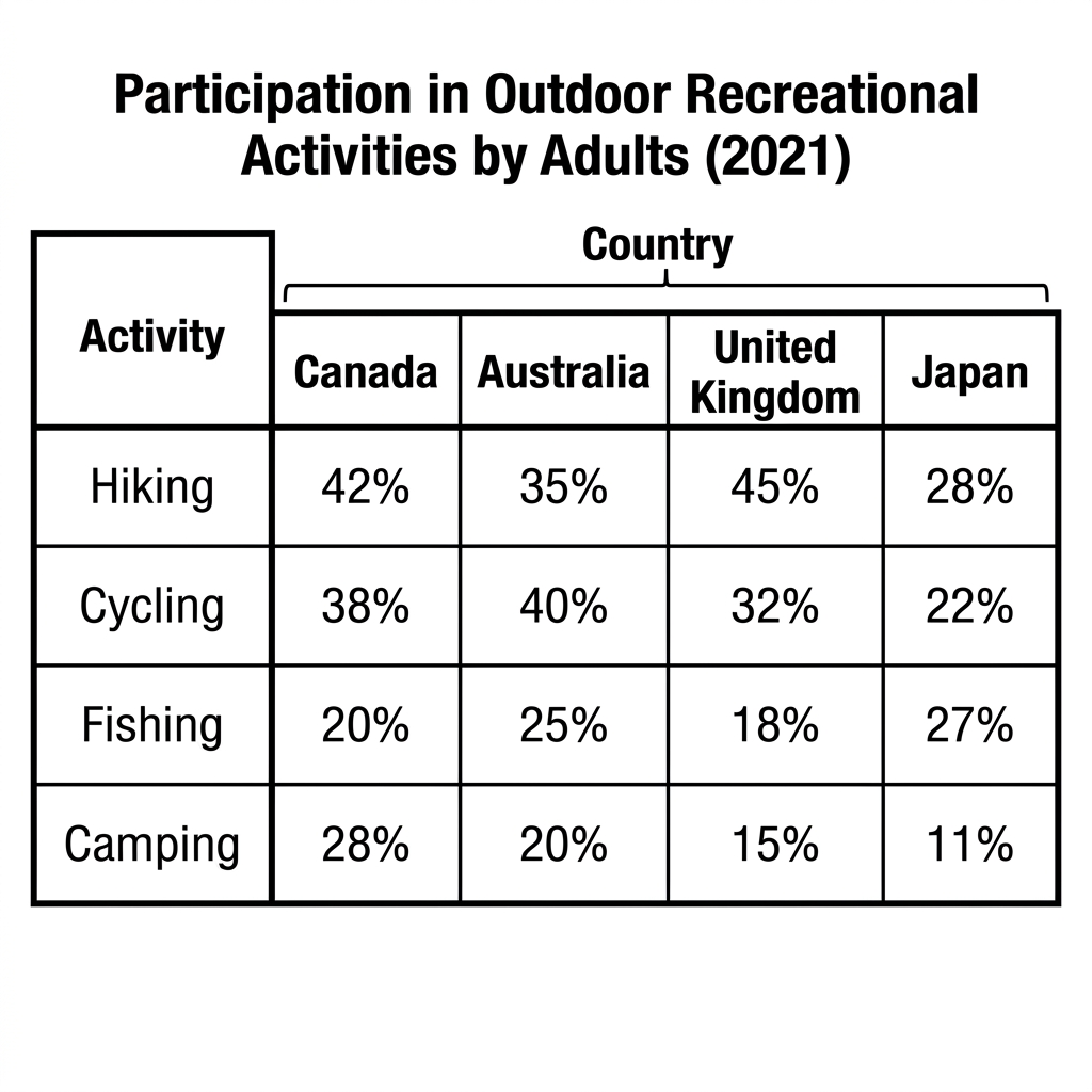 A table showing adult participation rates in four outdoor activities across Canada, Australia, the United Kingdom, and Japan in 2021.