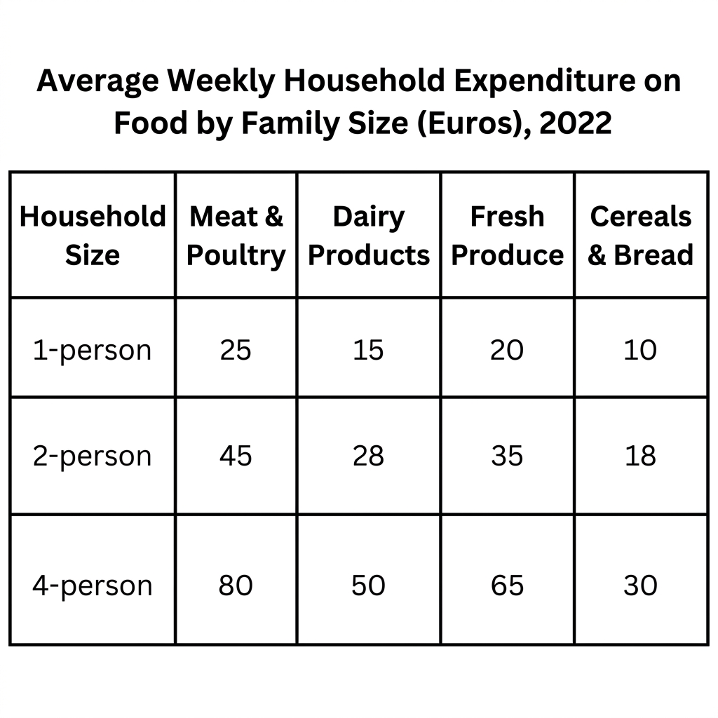 A table titled 'Average Weekly Household Expenditure on Food (Euros) in 2022'.