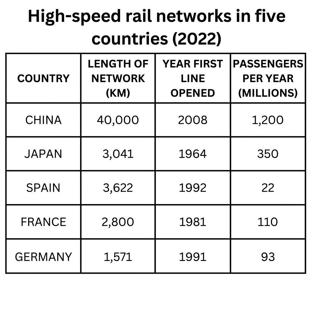 A table detailing high-speed rail networks in five countries. Columns indicate Country, Year first line opened, Total track length (km), and Annual passengers (millions). China: opened 2003, 40,000 km, 1,900 million passengers. Japan: opened 1964, 3,000 km, 350 million passengers. Spain: opened 1992, 3,500 km, 30 million passengers. France: opened 1981, 2,800 km, 110 million passengers. Germany: opened 1991, 1,500 km, 90 million passengers.