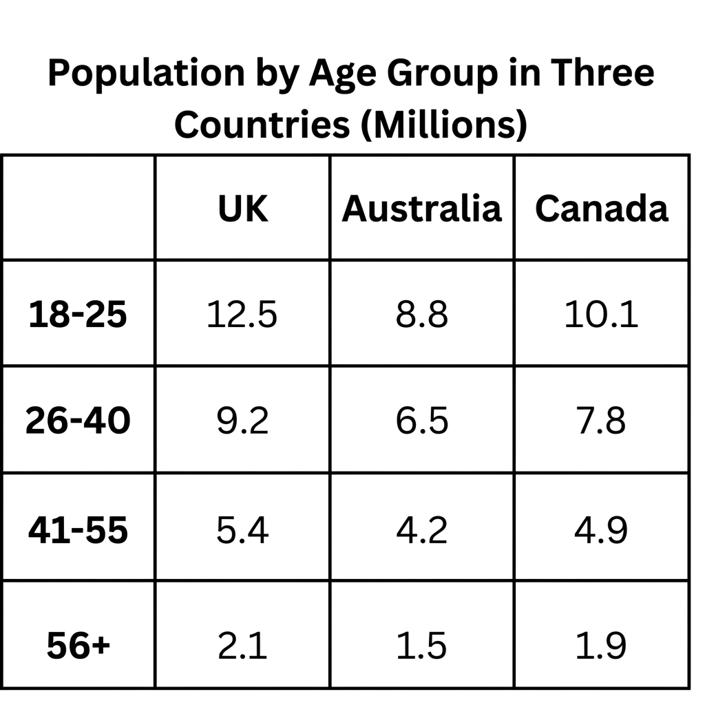 Table showing music concert attendance figures (in millions) for the UK, Australia, and Canada across four age groups in 2022.