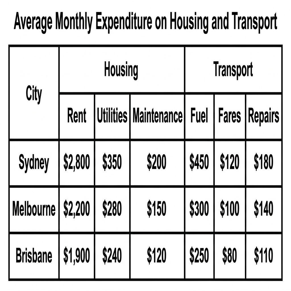A table showing average monthly expenditure on housing and transport in Sydney, Melbourne, and Brisbane in 2022.