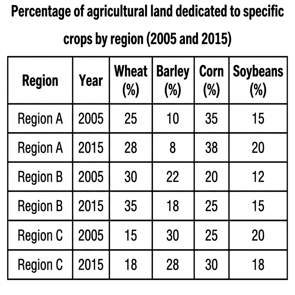 A table showing agricultural land usage percentages for four crops across three regions in 2005 and 2015.