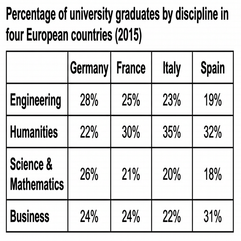 A table showing the percentage of university graduates by discipline in 2015. Columns are Country, Engineering, Humanities, Science & Mathematics, and Business. Row 1: Germany (32%, 15%, 25%, 28%). Row 2: France (20%, 30%, 20%, 30%). Row 3: Italy (18%, 35%, 15%, 32%). Row 4: Spain (25%, 20%, 20%, 35%).