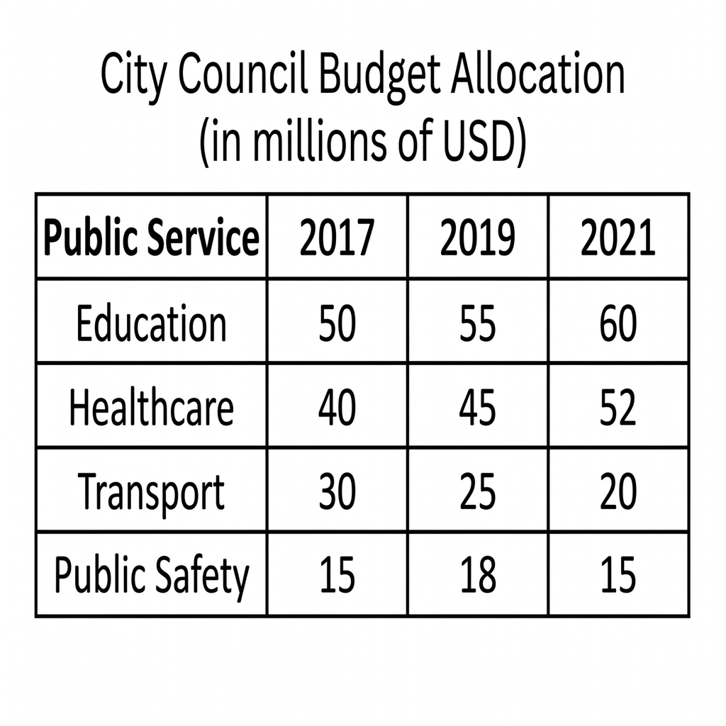 A table showing the budget allocation for four public services by a city council in 2017, 2019, and 2021.