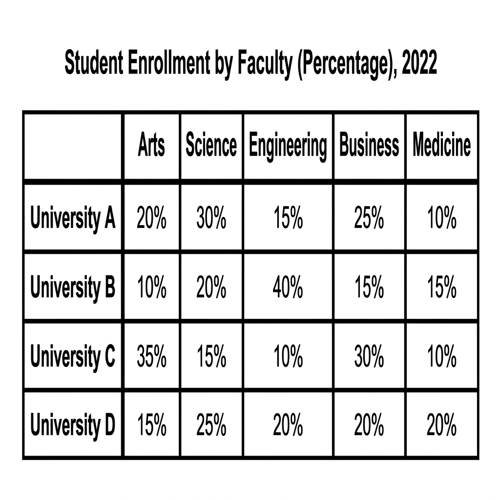 A data table displaying the percentage of students enrolled in five different academic faculties across four universities in the year 2022.