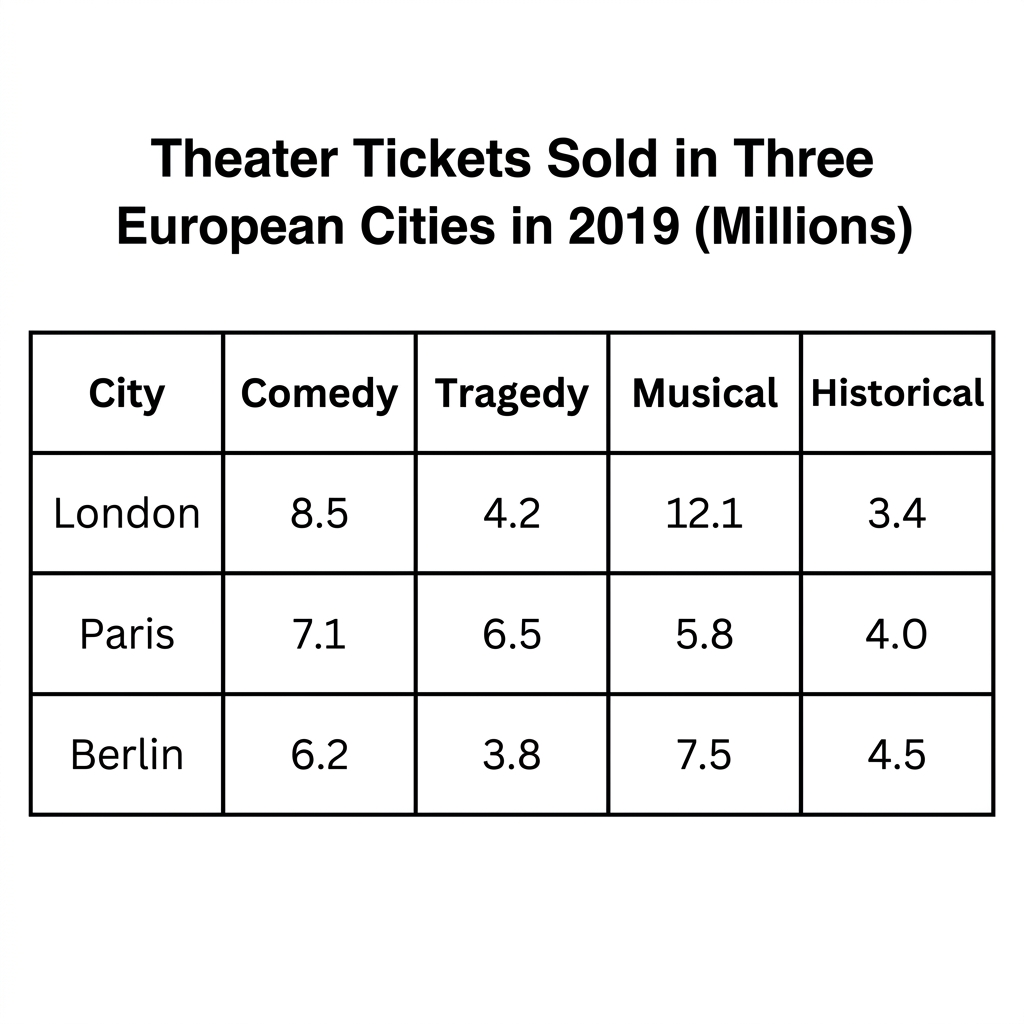 A table showing the number of theater tickets sold in millions by performance genre in London, Paris, and Berlin in 2019.