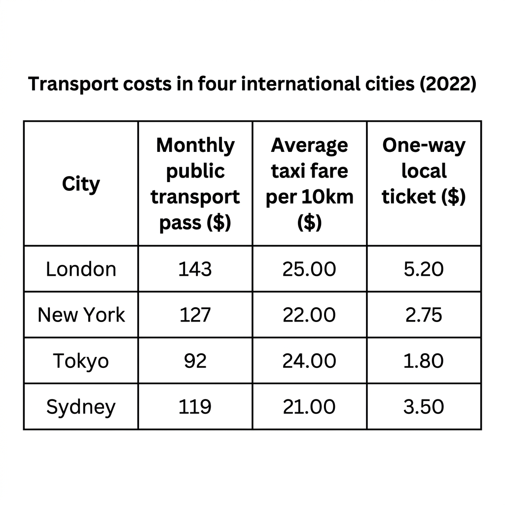 A table showing public transport costs, taxi fares, and the percentage of household income spent on transport in four cities in 2022.