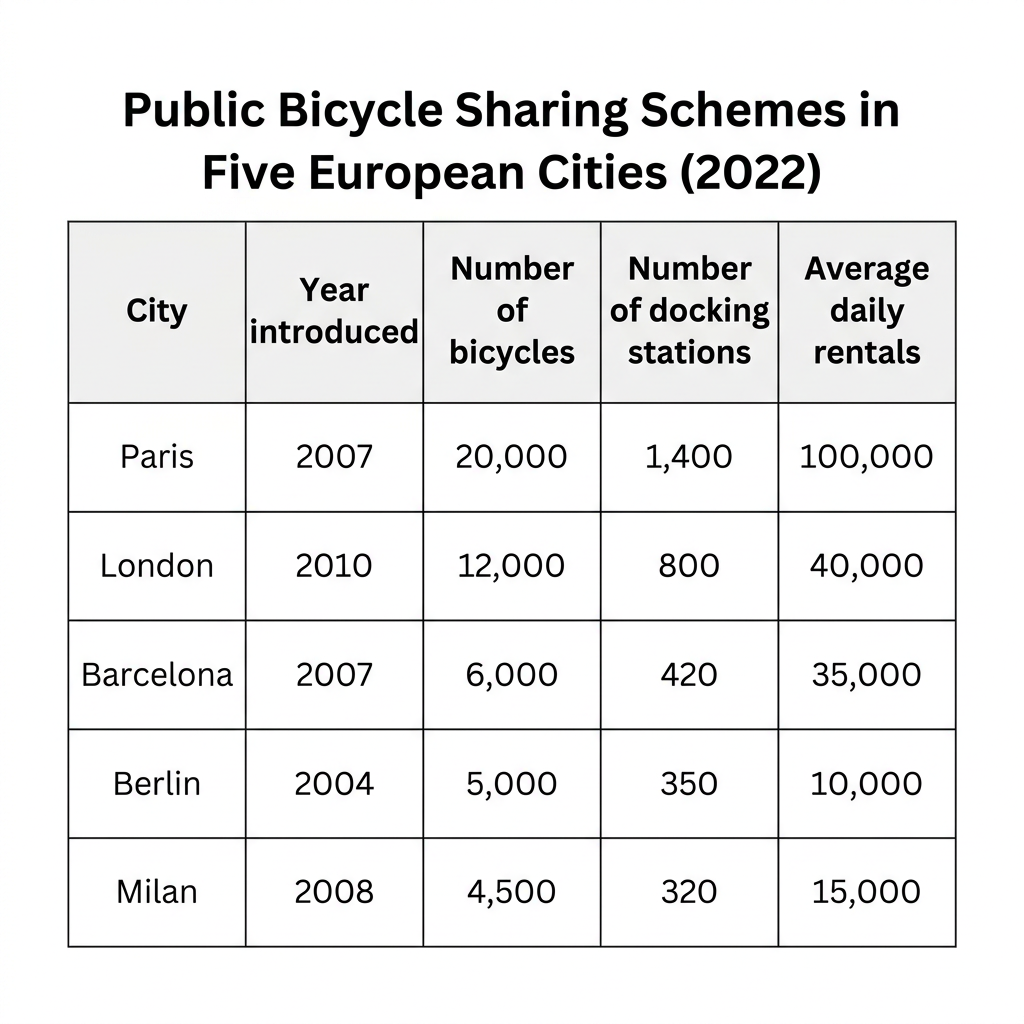 A table detailing public bicycle sharing schemes in five European cities in 2022. It includes the city, year introduced, total number of bicycles, and number of docking stations. Paris: introduced 2007, 20,000 bicycles, 1,400 stations. London: introduced 2010, 12,000 bicycles, 800 stations. Berlin: introduced 2012, 10,000 bicycles, 650 stations. Madrid: introduced 2014, 7,500 bicycles, 300 stations. Rome: introduced 2018, 4,000 bicycles, 150 stations.