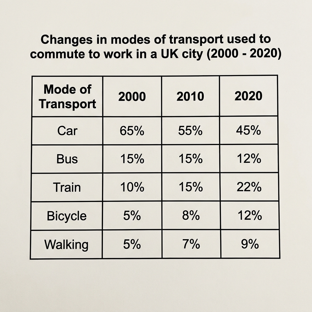 A data table titled 'Modes of transport used to commute to work (percentage)'. It has columns for the years 2000, 2010, and 2020, and rows for Car, Bus, Train, Bicycle, and Walking. The values are: Car (65% in 2000, 55% in 2010, 42% in 2020), Bus (20% in 2000, 18% in 2010, 15% in 2020), Train (8% in 2000, 12% in 2010, 21% in 2020), Bicycle (4% in 2000, 9% in 2010, 16% in 2020), and Walking (3% in 2000, 6% in 2010, 6% in 2020).