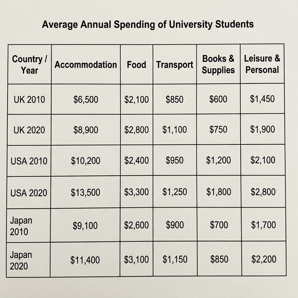 A table showing average annual spending of university students in the UK, USA, and Japan across four categories in 2010 and 2020.