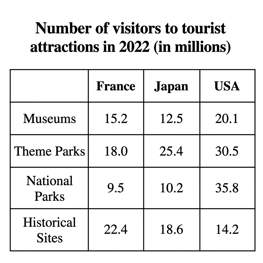 A table showing the number of visitors in millions to four types of tourist attractions in France, Japan, and the USA in 2022.