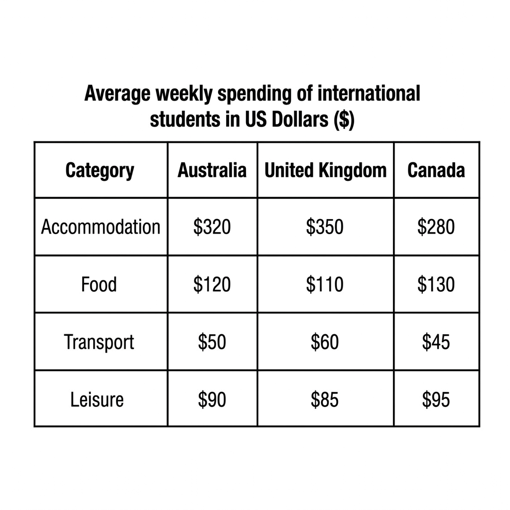 A table showing the average weekly spending of international students in three countries across four categories in 2022.