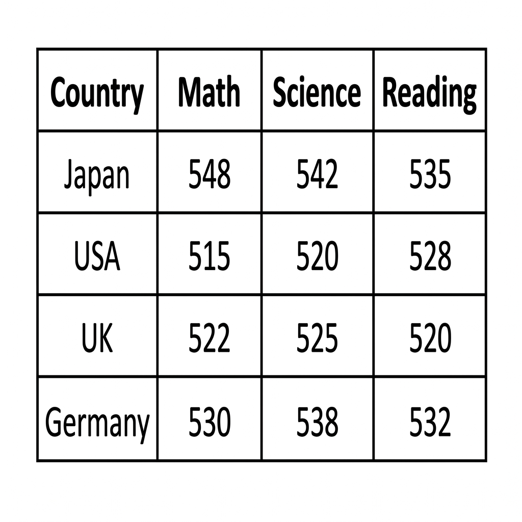 A table showing average Math, Science, and Reading scores for 15-year-old students in Finland, South Korea, Canada, and Brazil in 2019.